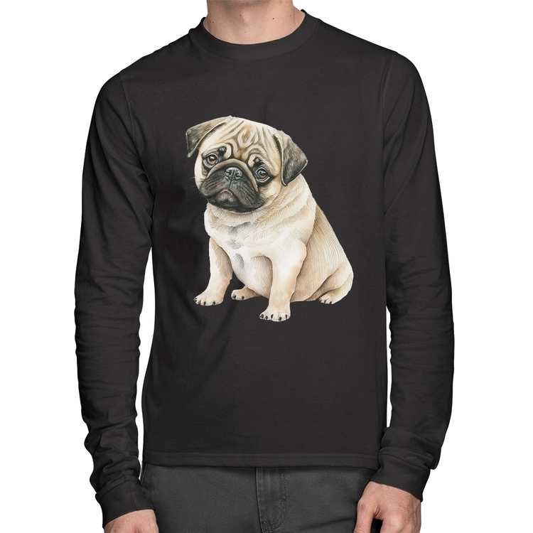 Camiseta Algodão Cachorro Pug Manga Longa