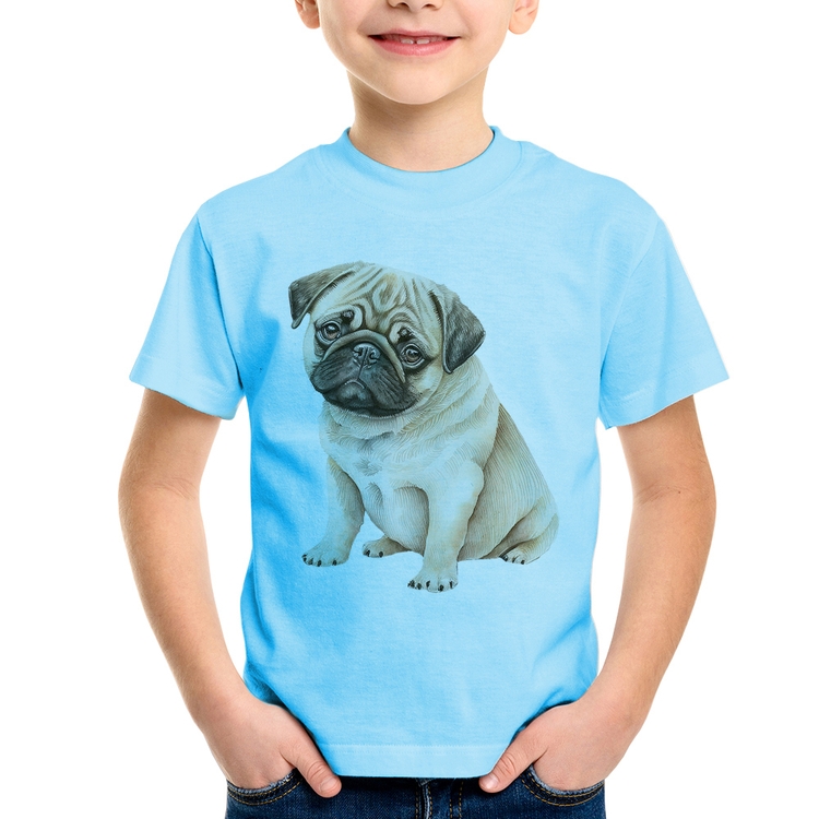 Camiseta Infantil Cachorro Pug - Azul Bebê