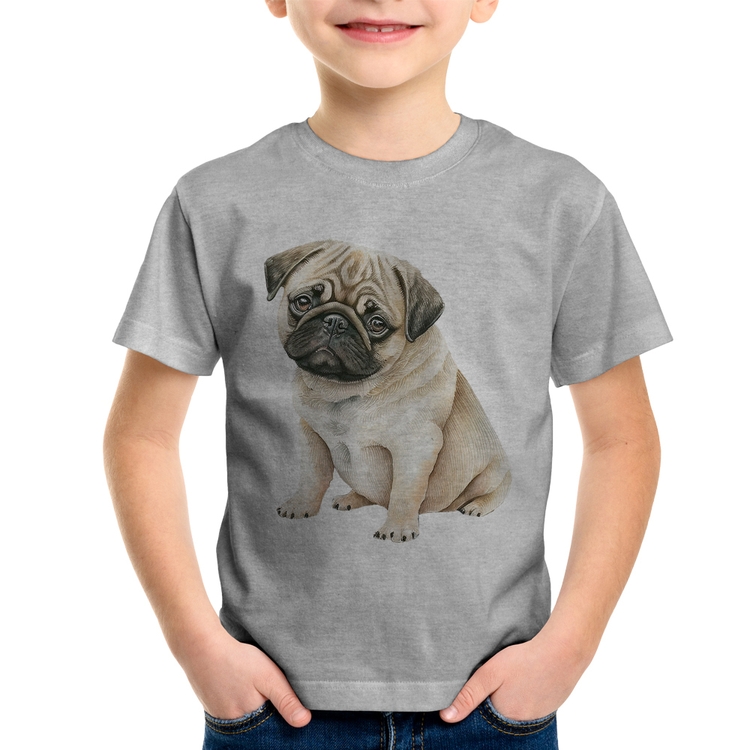 Camiseta Infantil Cachorro Pug - Cinza