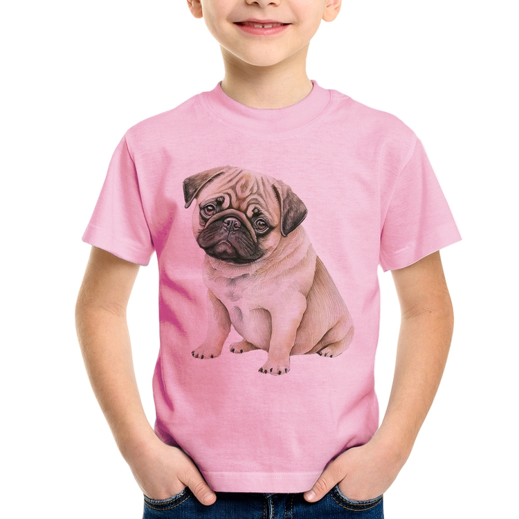 Camiseta Infantil Cachorro Pug - Rosa Bebê