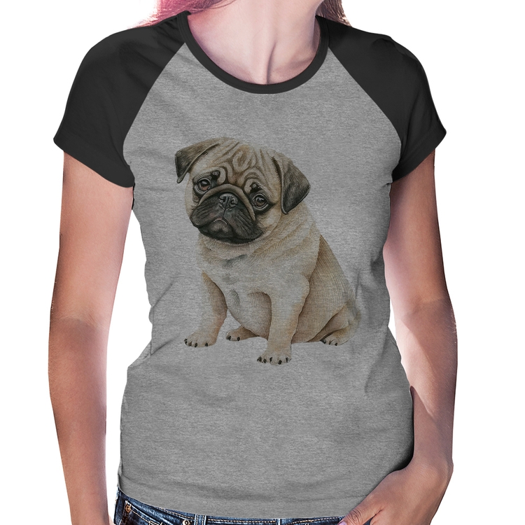 Baby Look Raglan Cachorro Pug - Cinza/Preto