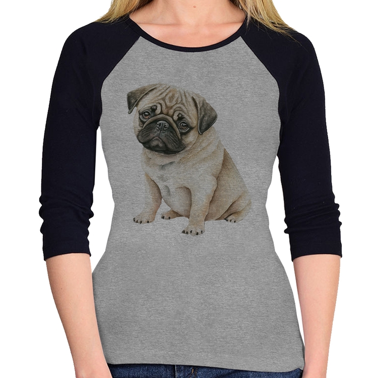 Baby Look Raglan Cachorro Pug Manga 3/4 - Cinza/Preto