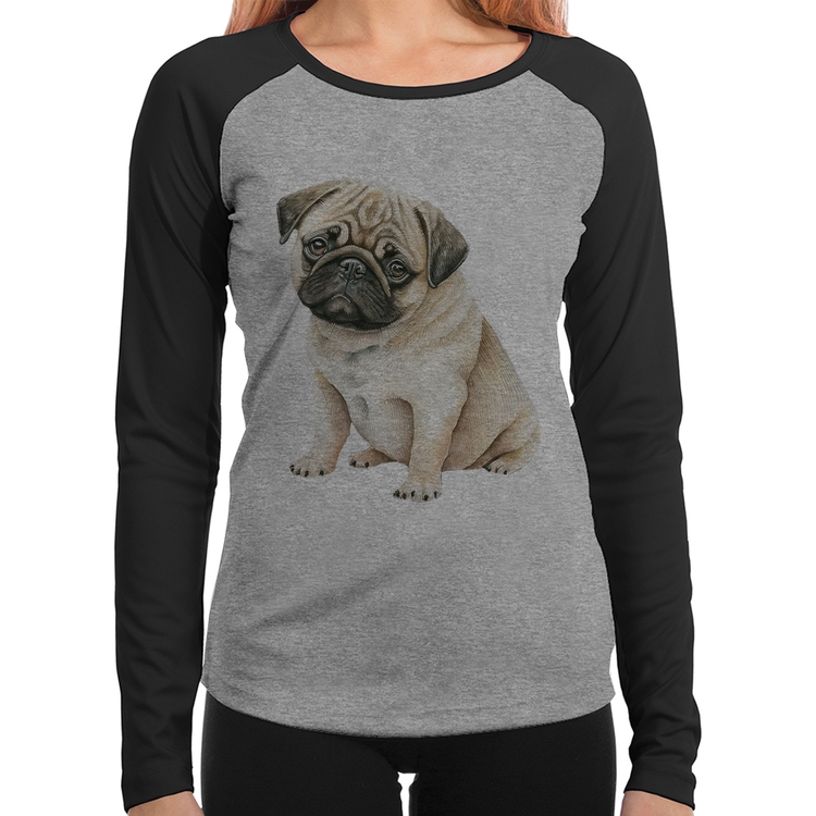 Baby Look Raglan Cachorro Pug Manga Longa - Cinza/Preto