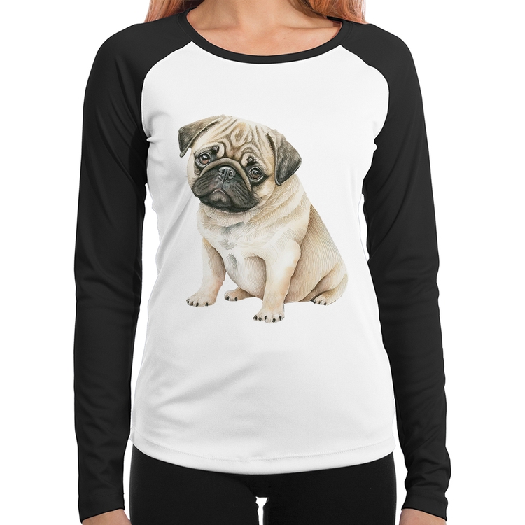 Baby Look Raglan Cachorro Pug Manga Longa