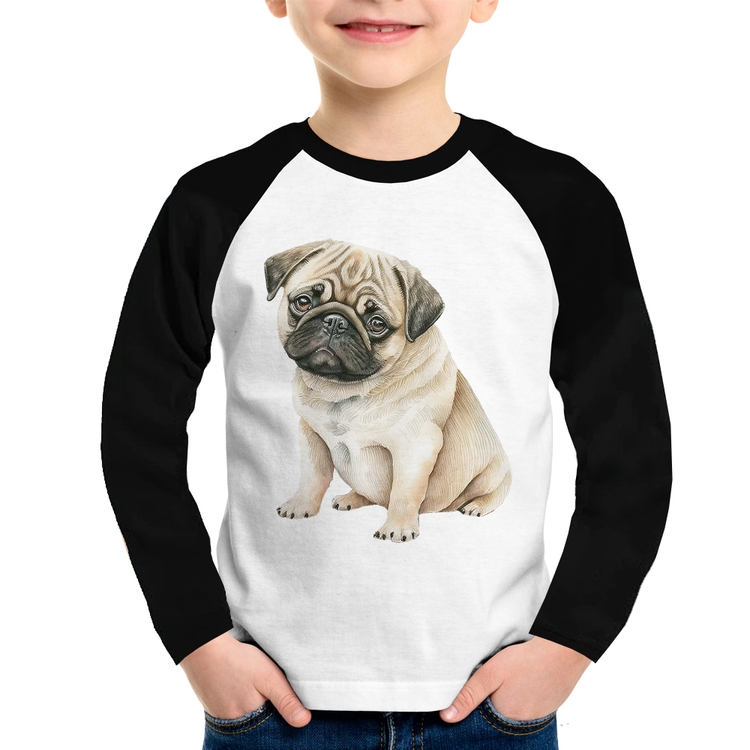 Camiseta Raglan Infantil Cachorro Pug Manga Longa