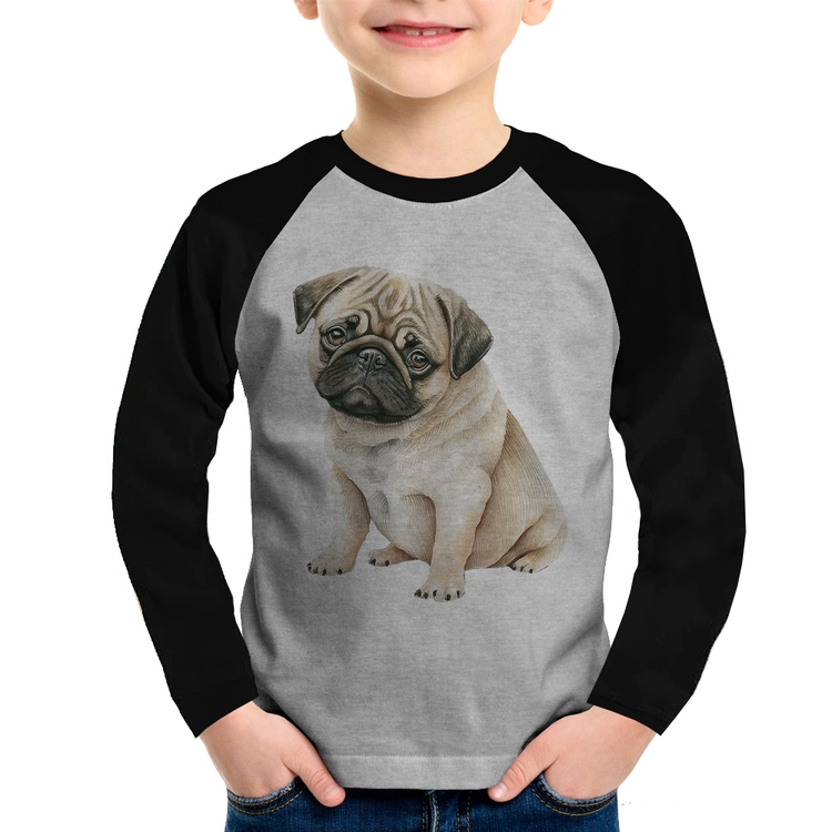 Camiseta Raglan Infantil Cachorro Pug Manga Longa - Cinza/Preto