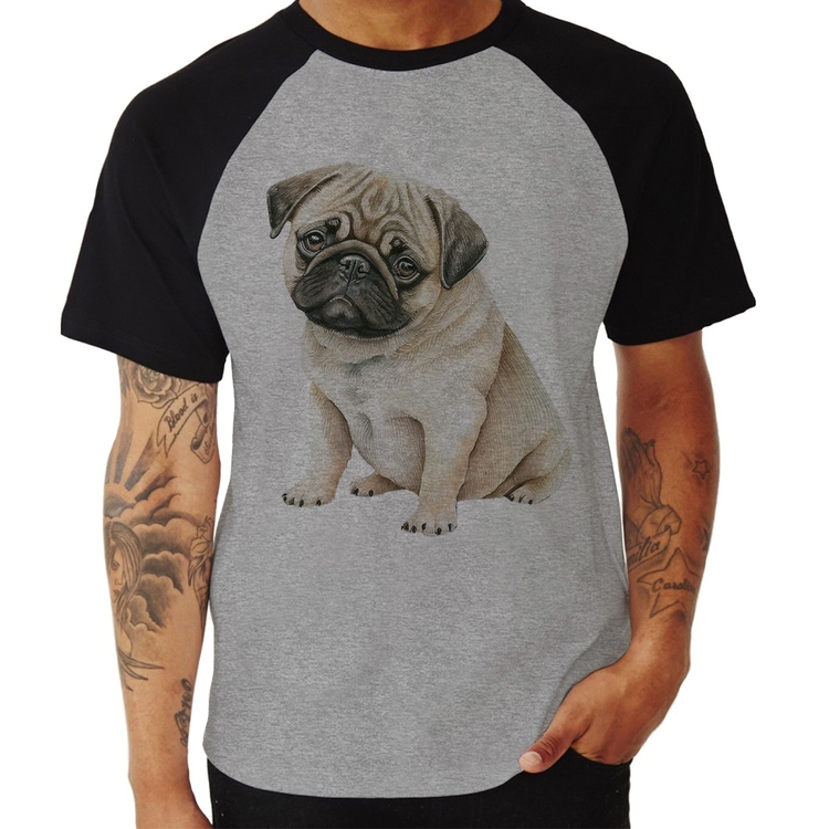 Camiseta Raglan Cachorro Pug - Cinza/Preto
