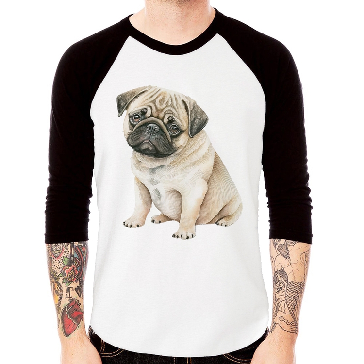 Camiseta Raglan Cachorro Pug Manga 3/4