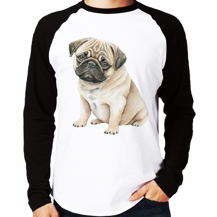 Camiseta Raglan Cachorro Pug Manga Longa