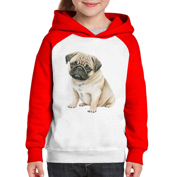 Moletom Infantil Cachorro Pug - Branco/Vermelho