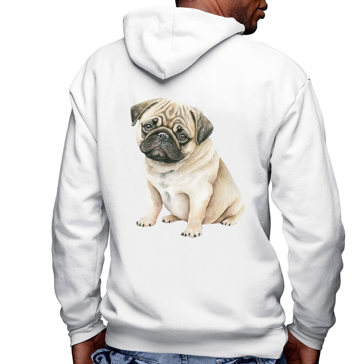 Blusa Moletom Cachorro Pug Masculina com Capuz e Zíper - Branca
