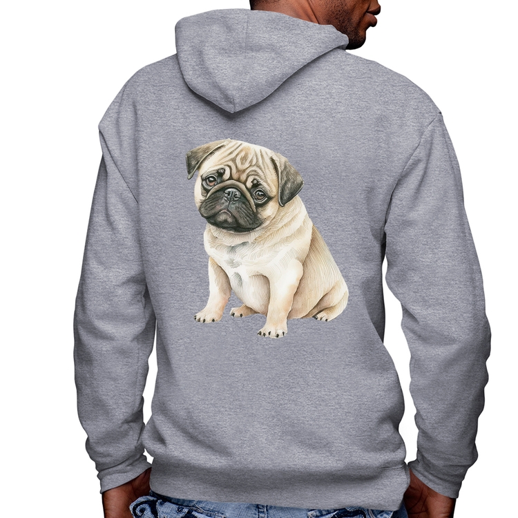 Blusa Moletom Cachorro Pug Masculina com Capuz e Zíper - Mescla