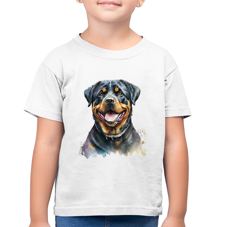 Camiseta Algodão Infantil Cachorro Rottweiler - Branca