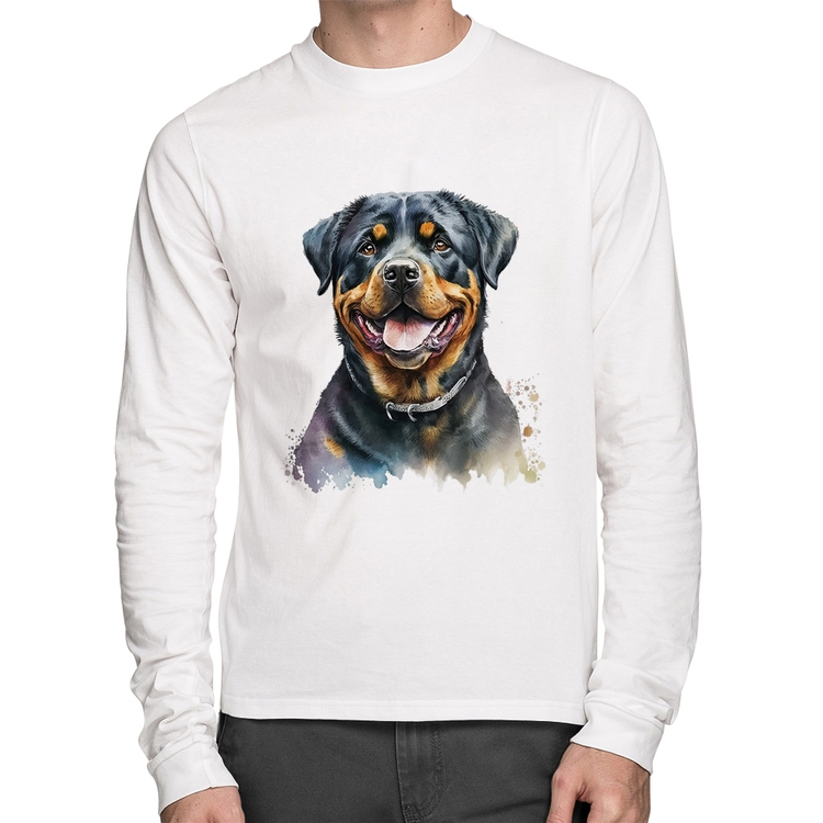 Camiseta Algodão Cachorro Rottweiler Manga Longa - Branca