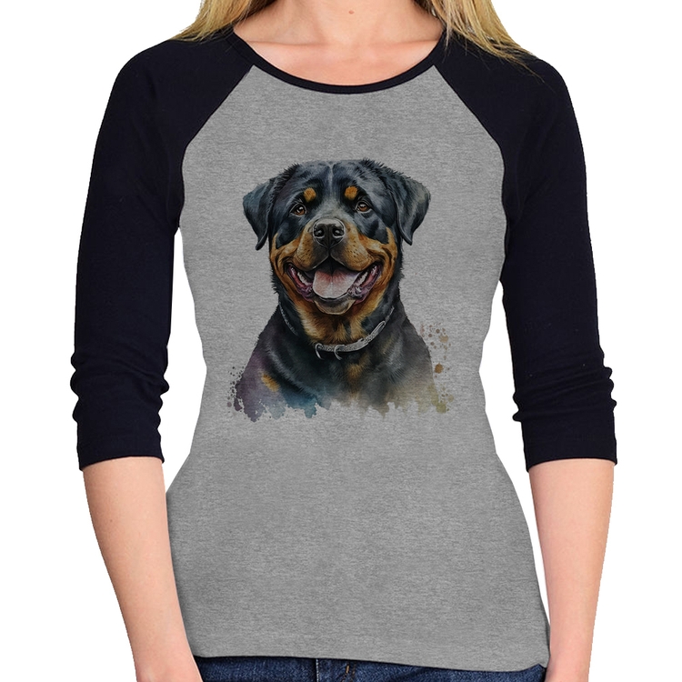 Baby Look Raglan Cachorro Rottweiler Manga 3/4 - Cinza/Preto