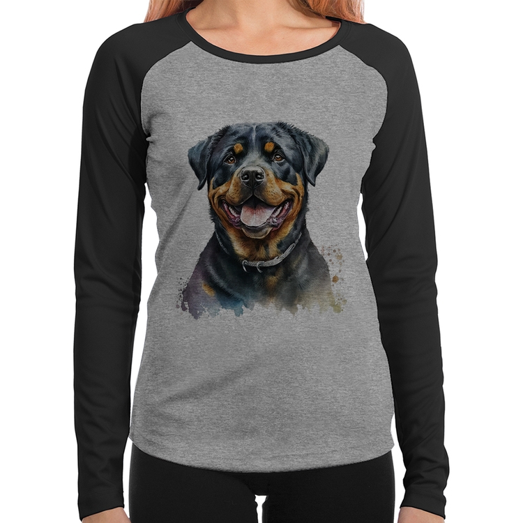 Baby Look Raglan Cachorro Rottweiler Manga Longa - Cinza/Preto