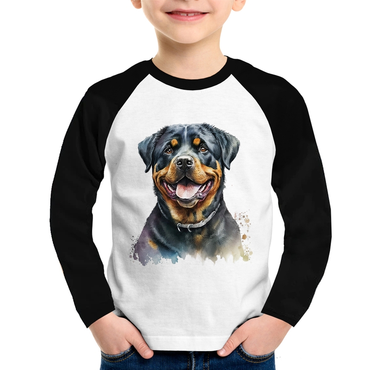 Camiseta Raglan Infantil Cachorro Rottweiler Manga Longa