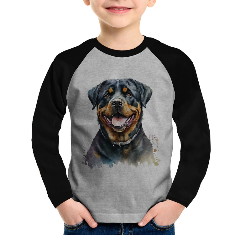 Camiseta Raglan Infantil Cachorro Rottweiler Manga Longa - Cinza/Preto