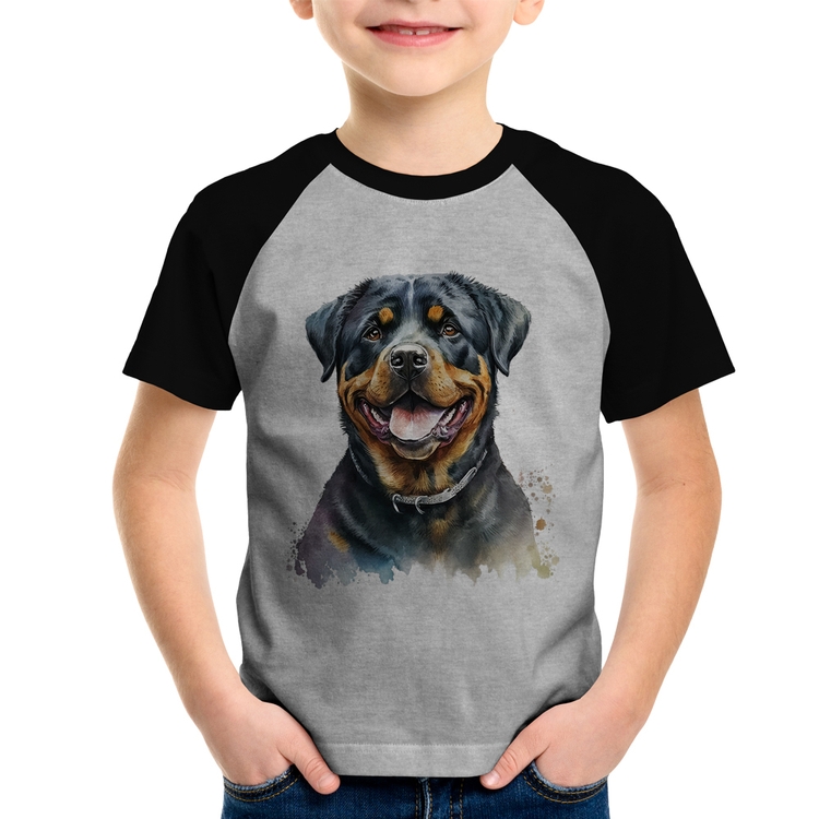 Camiseta Raglan Infantil Cachorro Rottweiler - Cinza/Preto