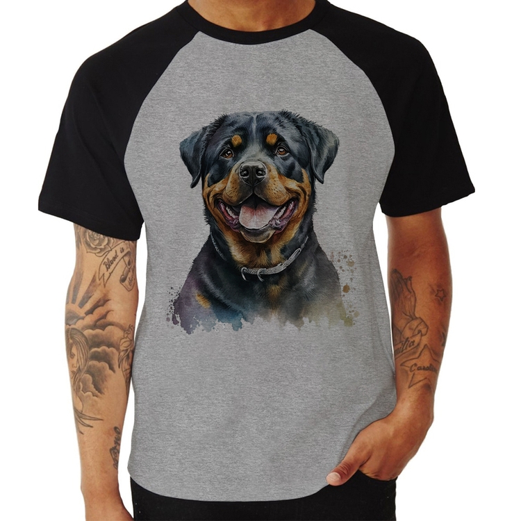 Camiseta Raglan Cachorro Rottweiler - Cinza/Preto