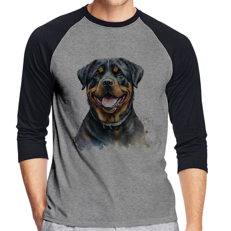 Camiseta Raglan Cachorro Rottweiler Manga 3/4 - Cinza/Preto