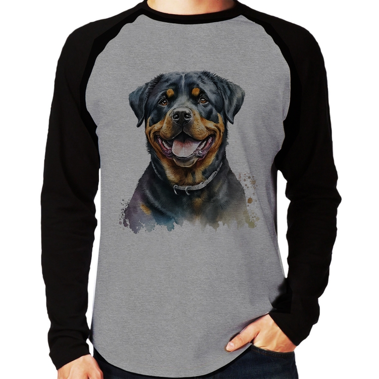 Camiseta Raglan Cachorro Rottweiler Manga Longa - Cinza/Preto