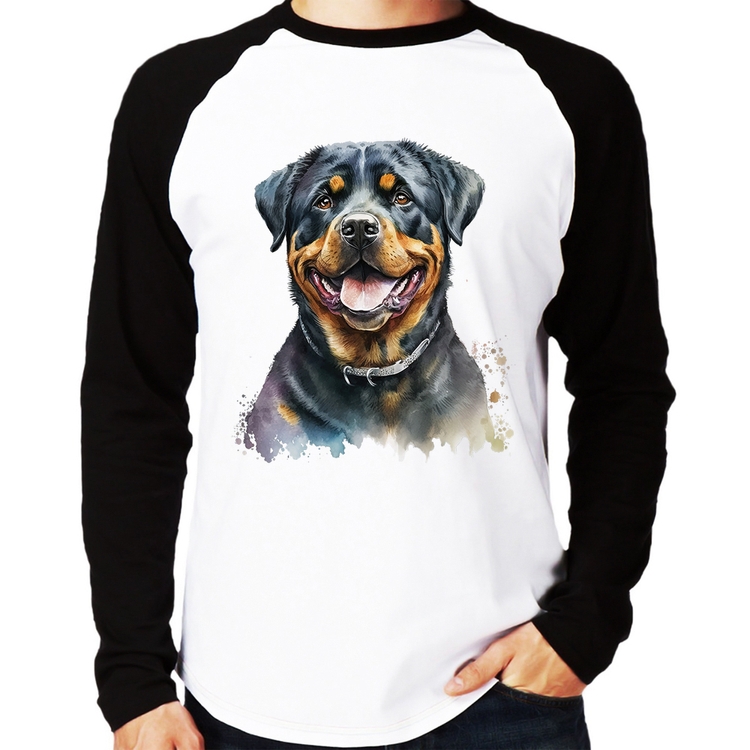 Camiseta Raglan Cachorro Rottweiler Manga Longa