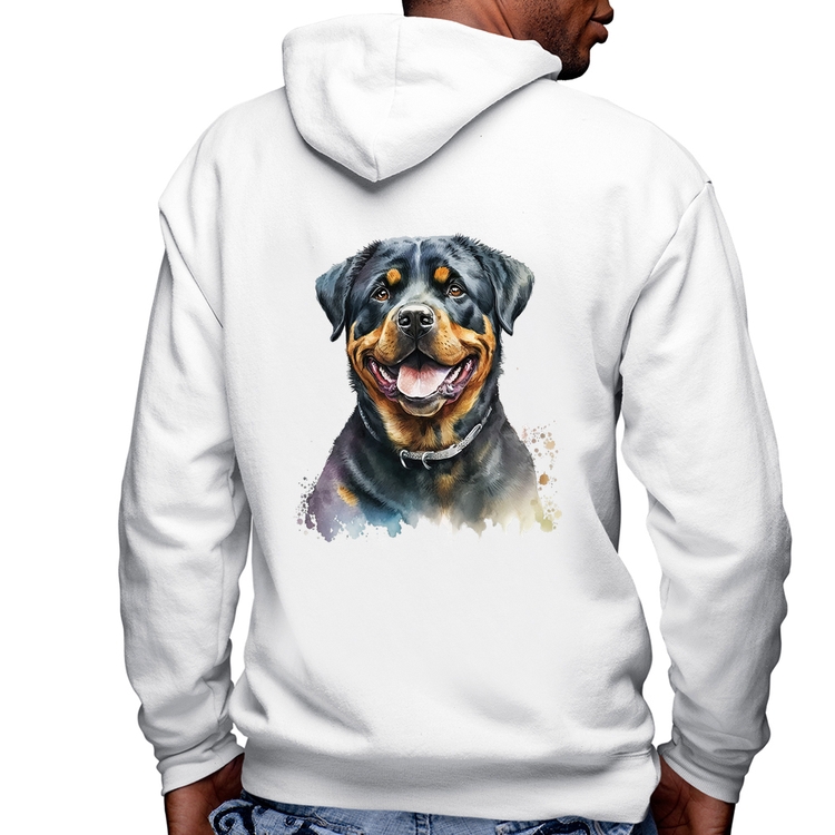 Blusa Moletom Cachorro Rottweiler Masculina com Capuz e Zíper - Branca