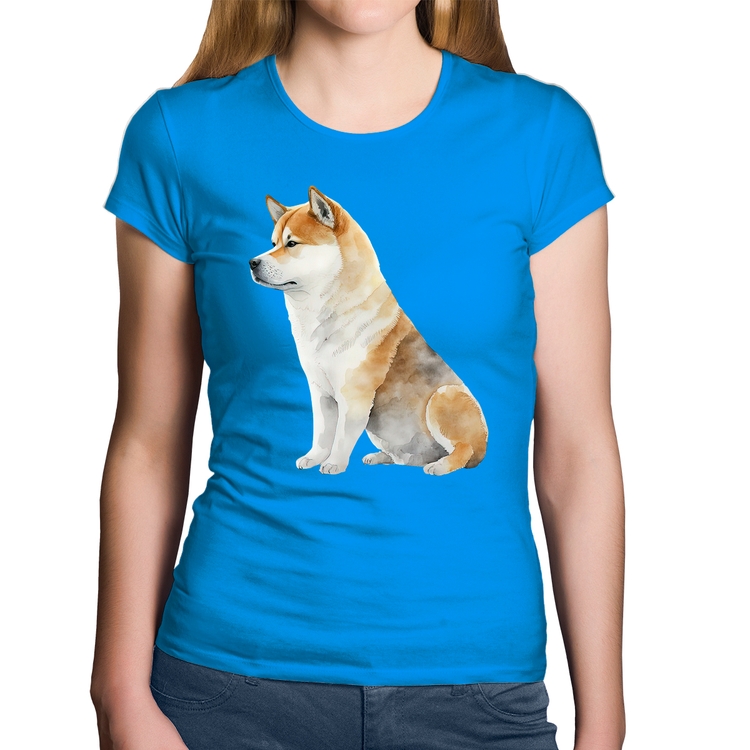 Baby Look Algodão Cachorro Shiba Inu - Azul