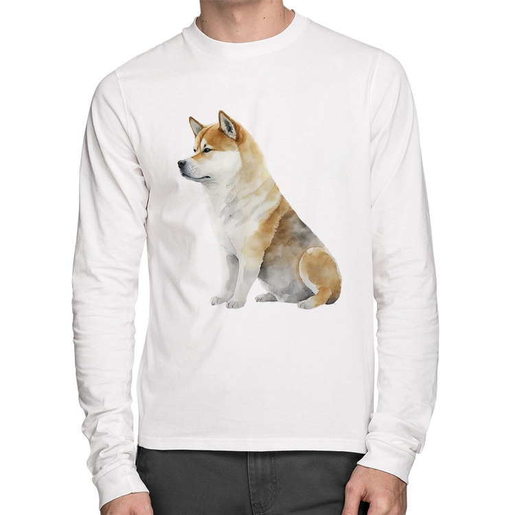 Camiseta Algodão Cachorro Shiba Inu Manga Longa - Branca