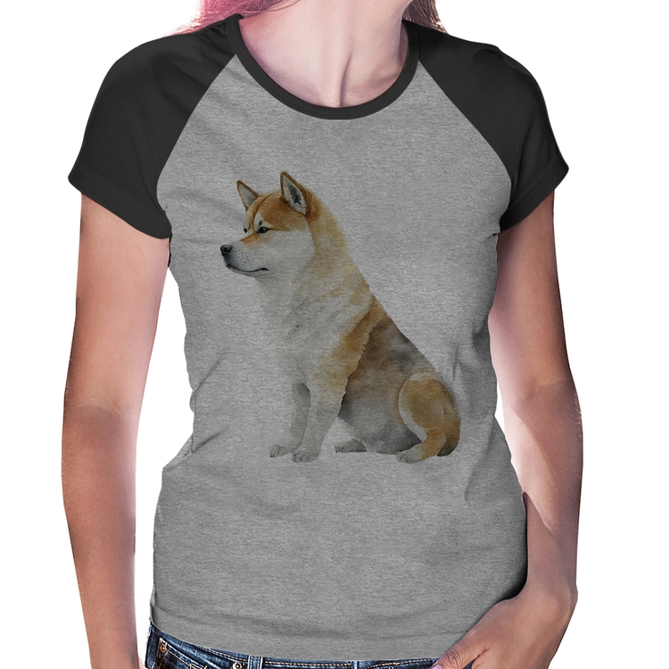 Baby Look Raglan Cachorro Shiba Inu - Cinza/Preto