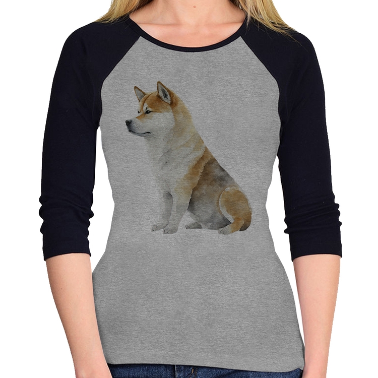 Baby Look Raglan Cachorro Shiba Inu Manga 3/4 - Cinza/Preto