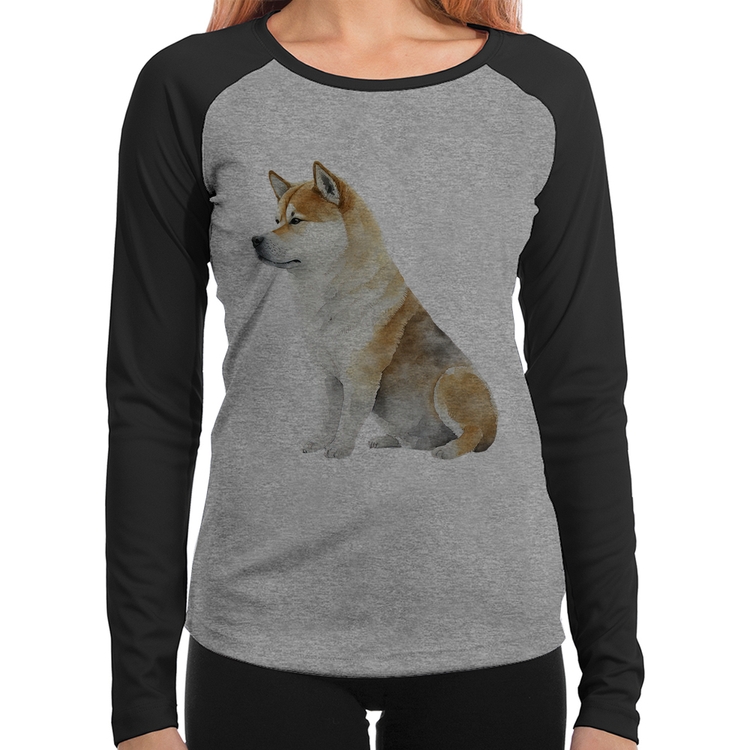 Baby Look Raglan Cachorro Shiba Inu Manga Longa - Cinza/Preto