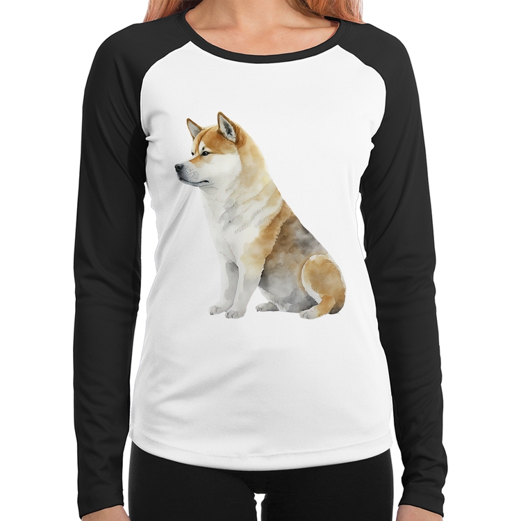 Baby Look Raglan Cachorro Shiba Inu Manga Longa