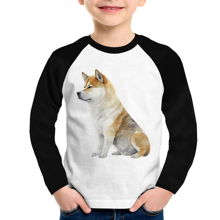 Camiseta Raglan Infantil Cachorro Shiba Inu Manga Longa