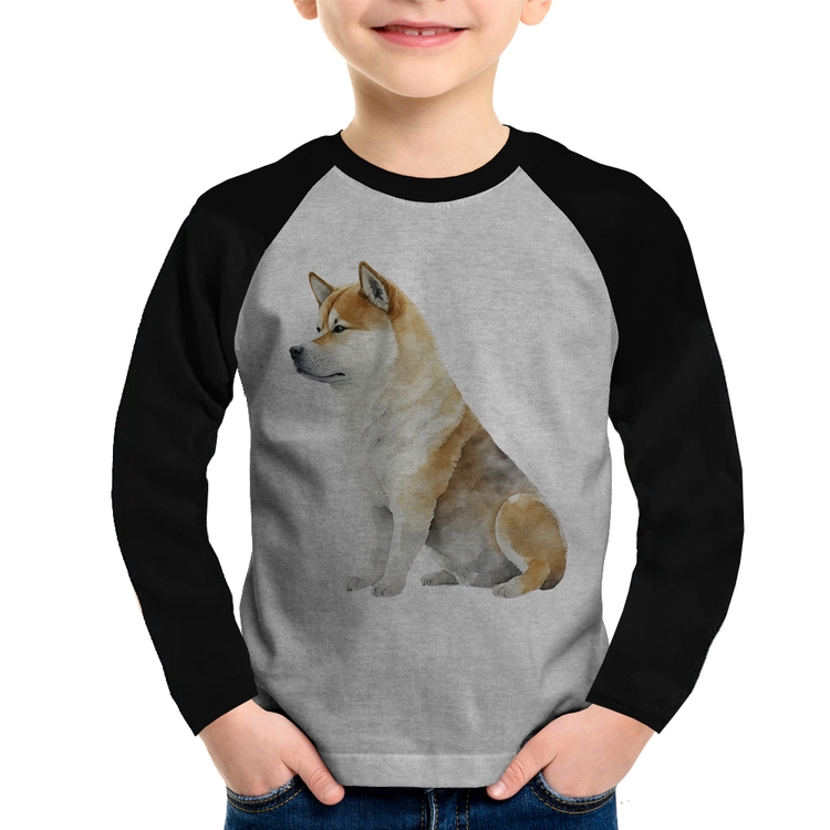 Camiseta Raglan Infantil Cachorro Shiba Inu Manga Longa - Cinza/Preto