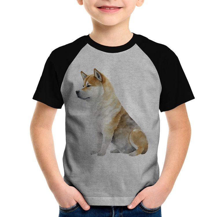 Camiseta Raglan Infantil Cachorro Shiba Inu - Cinza/Preto