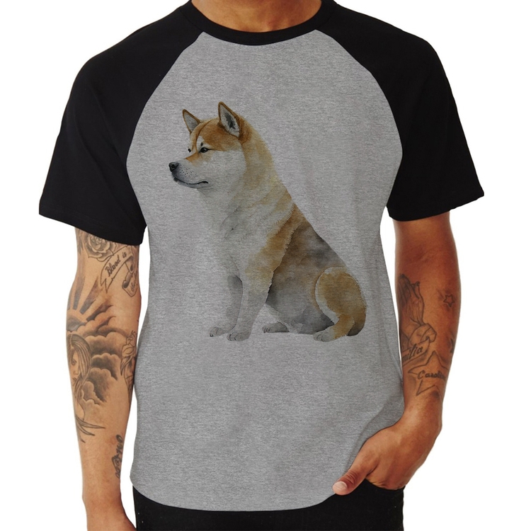 Camiseta Raglan Cachorro Shiba Inu - Cinza/Preto