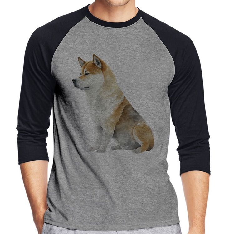 Camiseta Raglan Cachorro Shiba Inu Manga 3/4 - Cinza/Preto