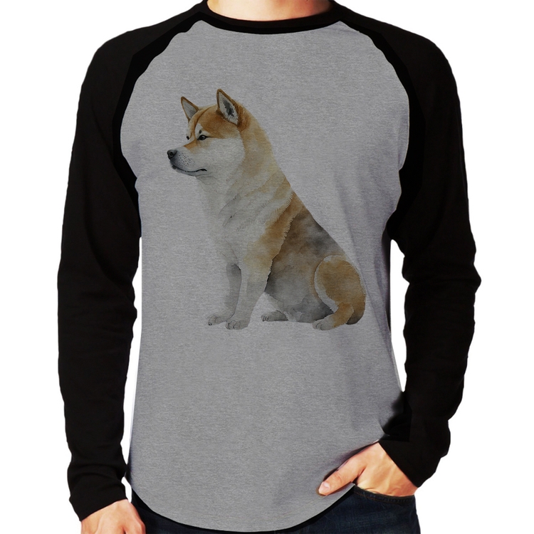 Camiseta Raglan Cachorro Shiba Inu Manga Longa - Cinza/Preto