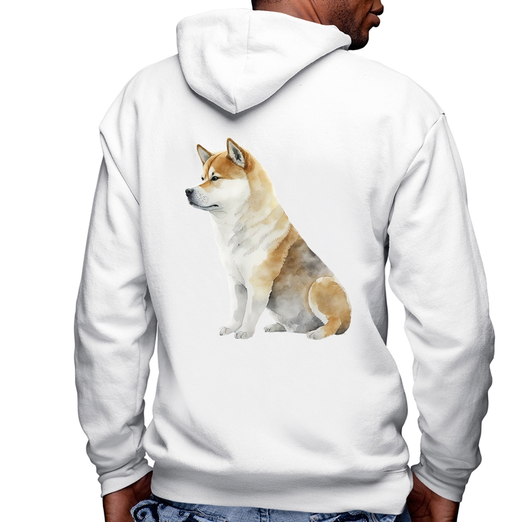 Blusa Moletom Cachorro Shiba Inu Masculina com Capuz e Zíper - Branca