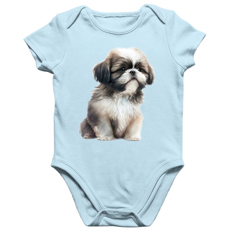 Body Bebê Algodão Cachorro Shih Tzu Filhote - Azul Bebê