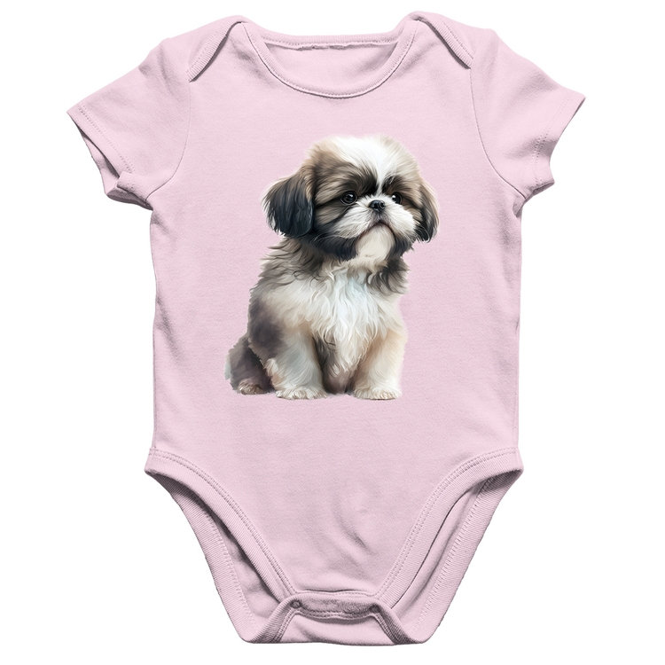 Body Bebê Algodão Cachorro Shih Tzu Filhote - Rosa Bebê