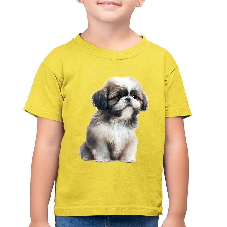 Camiseta Algodão Infantil Cachorro Shih Tzu Filhote - Amarelo Canário