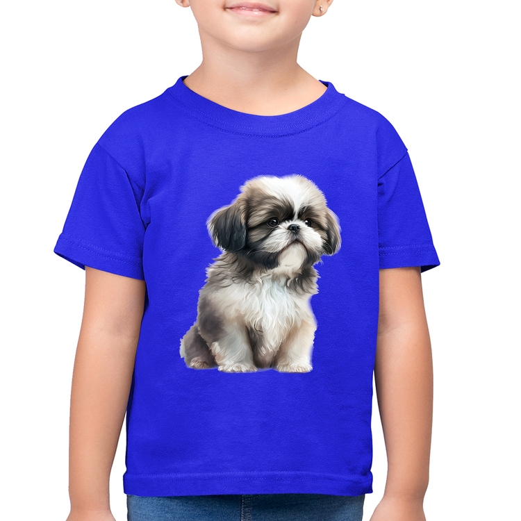 Camiseta Algodão Infantil Cachorro Shih Tzu Filhote - Azul Royal