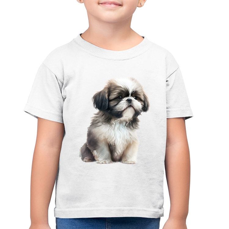 Camiseta Algodão Infantil Cachorro Shih Tzu Filhote - Branca