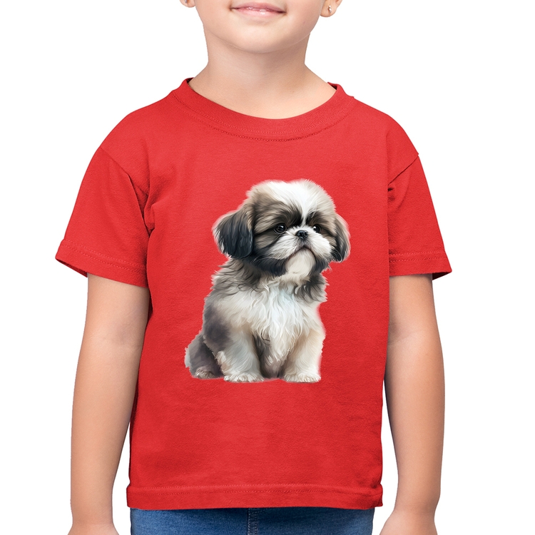 Camiseta Algodão Infantil Cachorro Shih Tzu Filhote - Vermelha