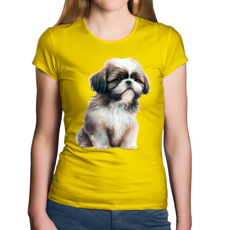 Baby Look Algodão Cachorro Shih Tzu Filhote - Amarela