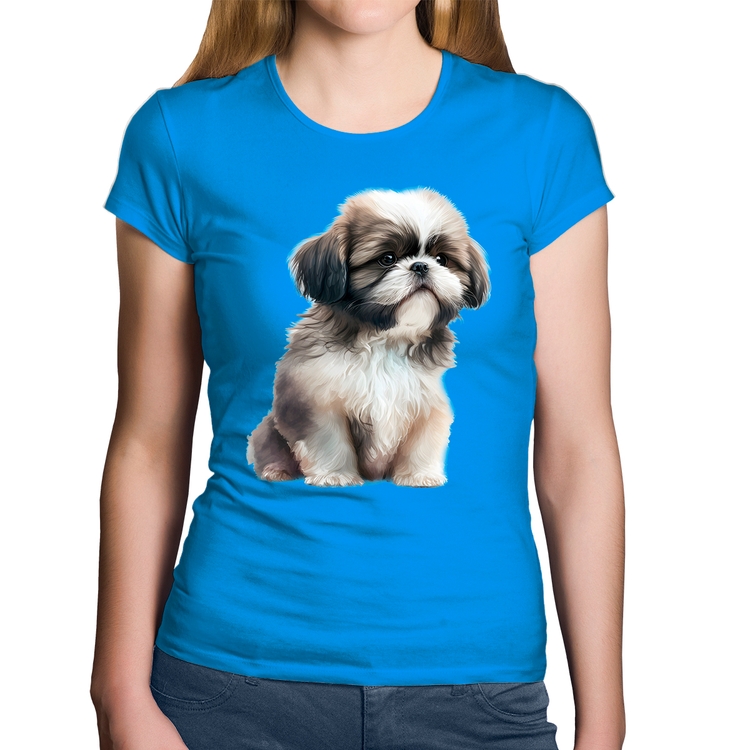 Baby Look Algodão Cachorro Shih Tzu Filhote - Azul