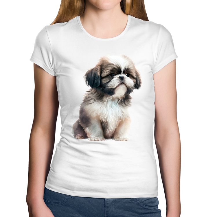 Baby Look Algodão Cachorro Shih Tzu Filhote - Branca